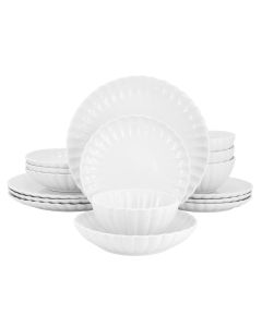 Elama Jane 16 Piece Scalloped Double Bowl Porcelain Dinnerware Set in White