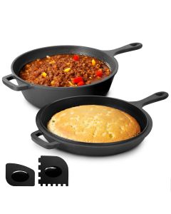 MegaChef 10.5 Inch 2-in-1 Pre-Seasoned Cast Iron Skillet and Fry Pan Set